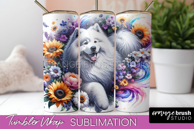 Samoyed Tumbler Wrap - Dog Mom Floral Tumbler Sublimation Sublimation OrangeBrushStudio 