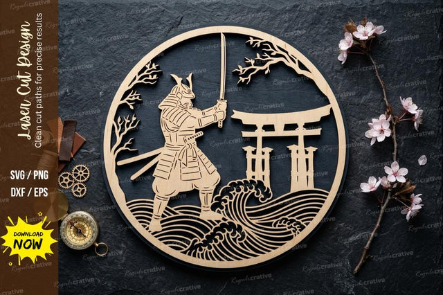 Samurai Scene Frame laser Cut svg Cutting file ,samurai svg, japanese samurai frame svg, SVG Regulrcrative 