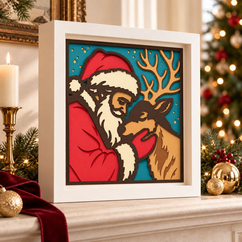 Santa and Reindeer 3D Shadow Box SVG | Christmas Layered Papercut | 8 Layer Santa Claus Cricut Silhouette Laser Cut File 3D Paper HappyDesignStudio 