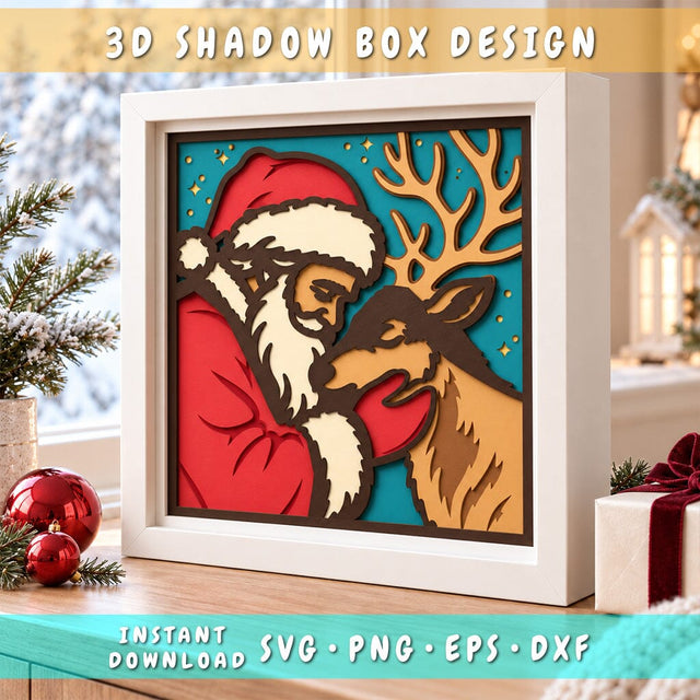Santa and Reindeer 3D Shadow Box SVG | Christmas Layered Papercut | 8 Layer Santa Claus Cricut Silhouette Laser Cut File 3D Paper HappyDesignStudio 