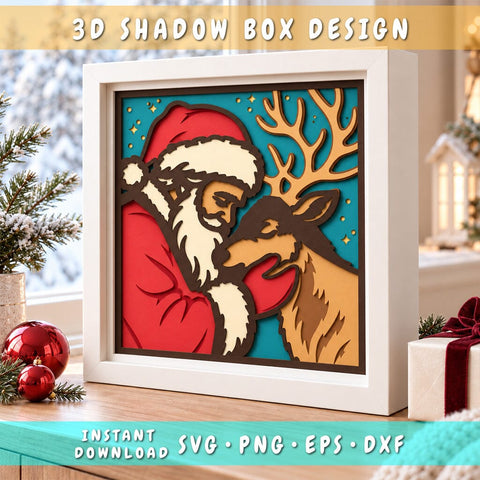 Santa and Reindeer 3D Shadow Box SVG | Christmas Layered Papercut | 8 Layer Santa Claus Cricut Silhouette Laser Cut File 3D Paper HappyDesignStudio 