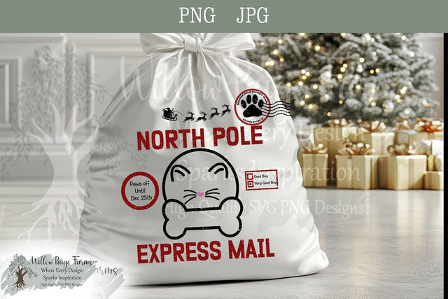 Santa Bag Design for Pets – PNG & JPG – North Pole Express Mail Christmas toy bag for pets Christmas gift bag dog and cat secret Santa bag Sublimation Willow Paige Farms 