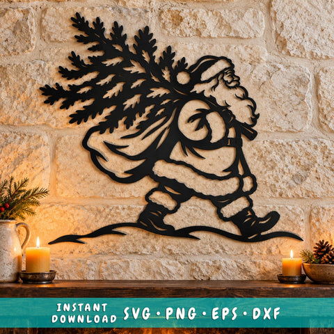 Santa Carrying Christmas Tree Laser SVG | Vintage Santa Claus DXF | Christmas Metal Wall Art | Holiday Plasma CNC Cutting File SVG HappyDesignStudio 