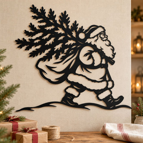 Santa Carrying Christmas Tree Laser SVG | Vintage Santa Claus DXF | Christmas Metal Wall Art | Holiday Plasma CNC Cutting File SVG HappyDesignStudio 