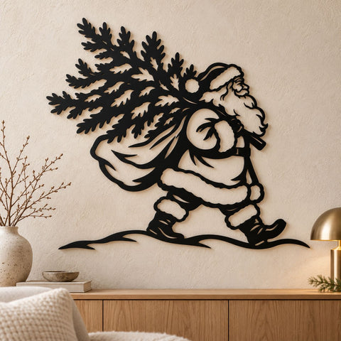 Santa Carrying Christmas Tree Laser SVG | Vintage Santa Claus DXF | Christmas Metal Wall Art | Holiday Plasma CNC Cutting File SVG HappyDesignStudio 