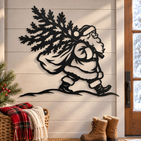 Santa Carrying Christmas Tree Laser SVG | Vintage Santa Claus DXF | Christmas Metal Wall Art | Holiday Plasma CNC Cutting File SVG HappyDesignStudio 
