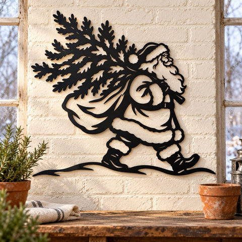 Santa Carrying Christmas Tree Laser SVG | Vintage Santa Claus DXF | Christmas Metal Wall Art | Holiday Plasma CNC Cutting File SVG HappyDesignStudio 