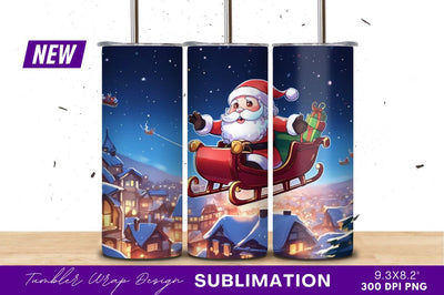 Santa Claus Sleigh Flying Over Snowy Village Sublimation Regulrcrative 