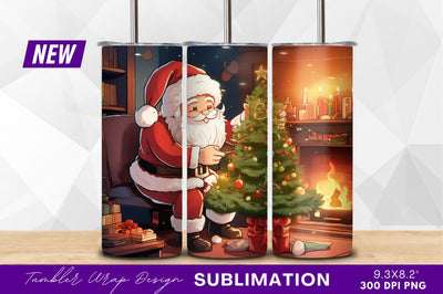 Santa decorating christmas tree by fireplace tumbler png Sublimation Regulrcrative 