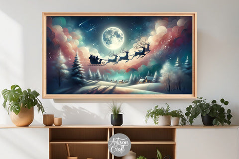 Santa flying Frame TV art, Christmas Frame TV art background Digital Pattern Artisan Craft SVG 