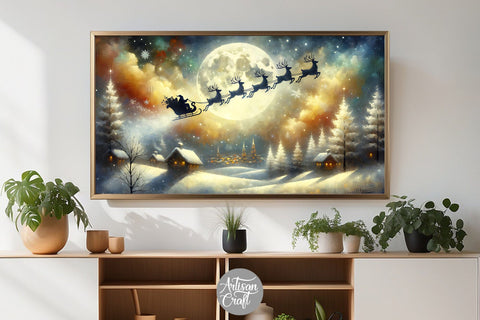 Santa flying Frame TV art, Christmas Frame TV art Digital Pattern Artisan Craft SVG 