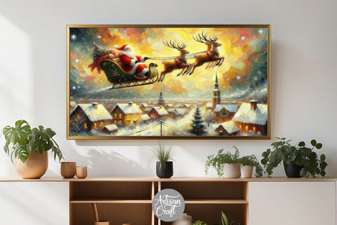 Santa flying Frame TV art, reindeers Digital Pattern Artisan Craft SVG 