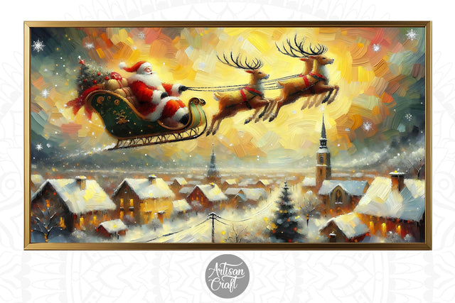 Santa flying Frame TV art, reindeers Digital Pattern Artisan Craft SVG 