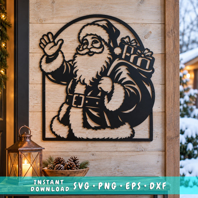 Santa Gift Sack Laser SVG | Waving Santa Claus DXF | Christmas Metal Wall Art | Holiday Plasma CNC Cutting File SVG HappyDesignStudio 