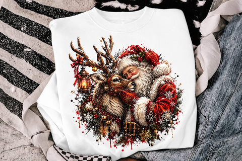 Santa Hugging Reindeer Christmas PNG Art SVG DesignDestine 