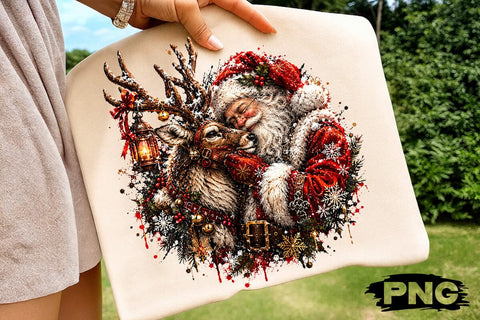 Santa Hugging Reindeer Christmas PNG Art SVG DesignDestine 