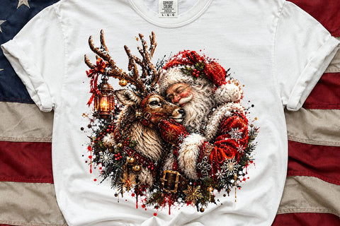 Santa Hugging Reindeer Christmas PNG Art SVG DesignDestine 