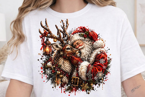 Santa Hugging Reindeer Christmas PNG Art SVG DesignDestine 