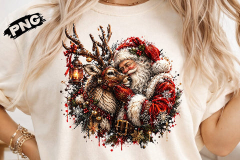 Santa Hugging Reindeer Christmas PNG Art SVG DesignDestine 