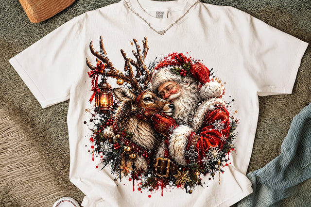 Santa Hugging Reindeer Christmas PNG Art SVG DesignDestine 