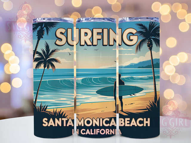 Santa Monica Surf 20oz Tumbler, Santa Monica California Scene, Tropical Coastal Illustration, Sublimation Tumbler Wrap, 20oz Tumbler, Fun Summer Gift, Bright Ocean Style Sublimation SvggirlplusArt 