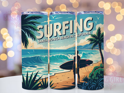 Santa Monica Surf 20oz Tumbler, Santa Monica California Scene, Tropical Coastal Illustration, Sublimation Tumbler Wrap, 20oz Tumbler, Fun Summer Gift, Bright Ocean Style Sublimation SvggirlplusArt 
