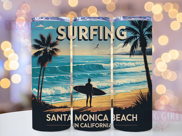 Santa Monica Surf 20oz Tumbler, Santa Monica California Scene, Tropical Coastal Illustration, Sublimation Tumbler Wrap, 20oz Tumbler, Fun Summer Gift, Bright Ocean Style Sublimation SvggirlplusArt 