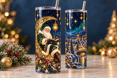 Santa on Golden Moon Christmas 20 oz Tumbler Wrap PNG Sublimation ampersand 