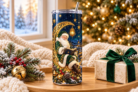 Santa on Golden Moon Christmas 20 oz Tumbler Wrap PNG Sublimation ampersand 