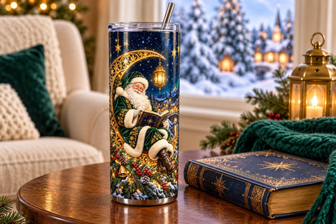 Santa on Golden Moon Christmas 20 oz Tumbler Wrap PNG Sublimation ampersand 