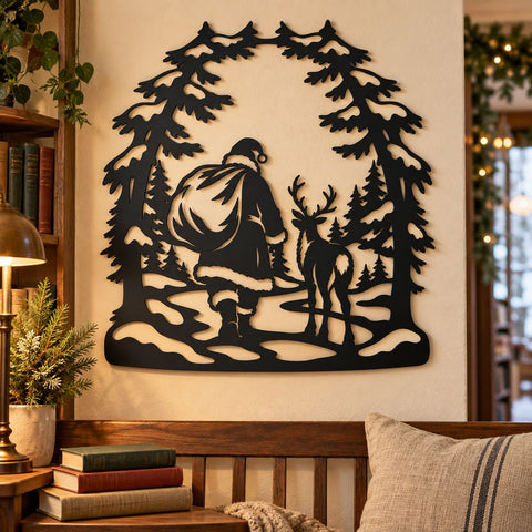 Santa Reindeer Forest Walk Laser SVG | Christmas Woodland DXF | Santa Claus Metal Wall Art | Holiday Plasma Cutting File SVG HappyDesignStudio 