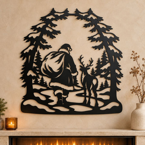 Santa Reindeer Forest Walk Laser SVG | Christmas Woodland DXF | Santa Claus Metal Wall Art | Holiday Plasma Cutting File SVG HappyDesignStudio 