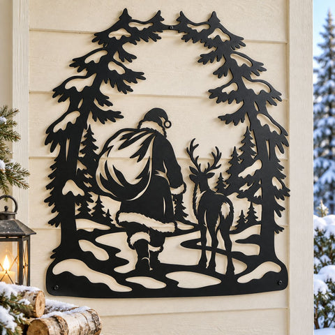 Santa Reindeer Forest Walk Laser SVG | Christmas Woodland DXF | Santa Claus Metal Wall Art | Holiday Plasma Cutting File SVG HappyDesignStudio 