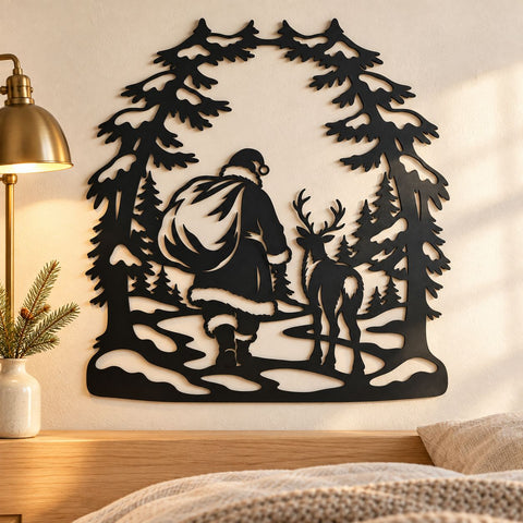 Santa Reindeer Forest Walk Laser SVG | Christmas Woodland DXF | Santa Claus Metal Wall Art | Holiday Plasma Cutting File SVG HappyDesignStudio 