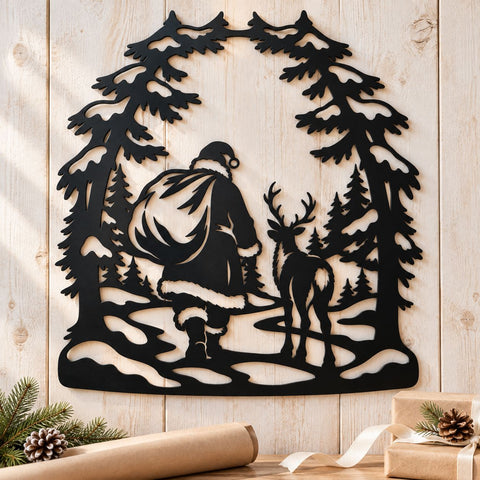 Santa Reindeer Forest Walk Laser SVG | Christmas Woodland DXF | Santa Claus Metal Wall Art | Holiday Plasma Cutting File SVG HappyDesignStudio 