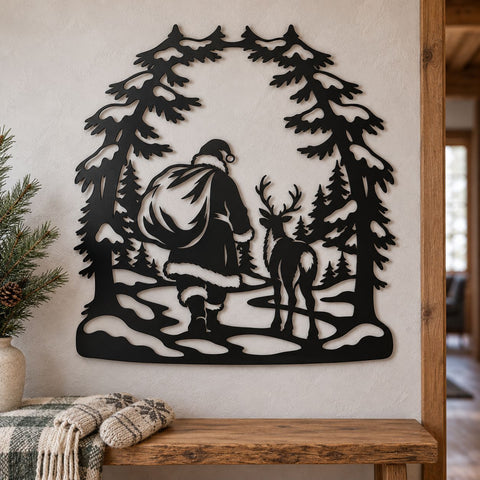 Santa Reindeer Forest Walk Laser SVG | Christmas Woodland DXF | Santa Claus Metal Wall Art | Holiday Plasma Cutting File SVG HappyDesignStudio 