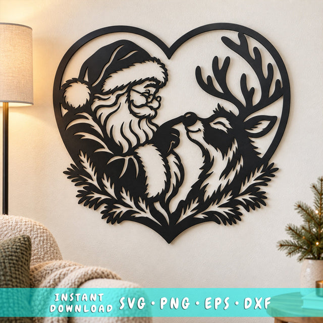 Santa Reindeer Heart Laser SVG | Christmas Love Metal Wall Art DXF | Santa Reindeer Nose Boop | Holiday Plasma Cutting File SVG HappyDesignStudio 