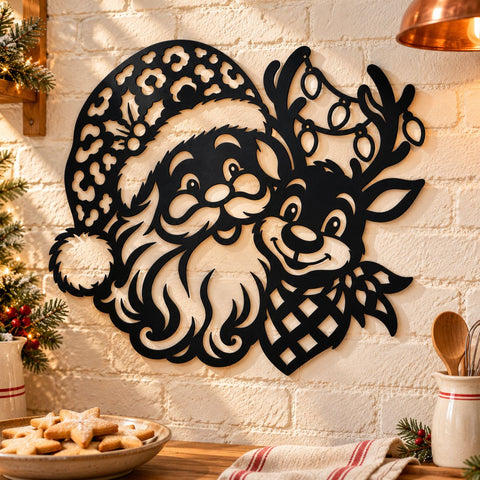 Santa Reindeer Holiday Lights Laser SVG | Christmas Metal Wall Art DXF | Cute Santa Claus Sign | Holiday Plasma CNC Cutting File SVG HappyDesignStudio 