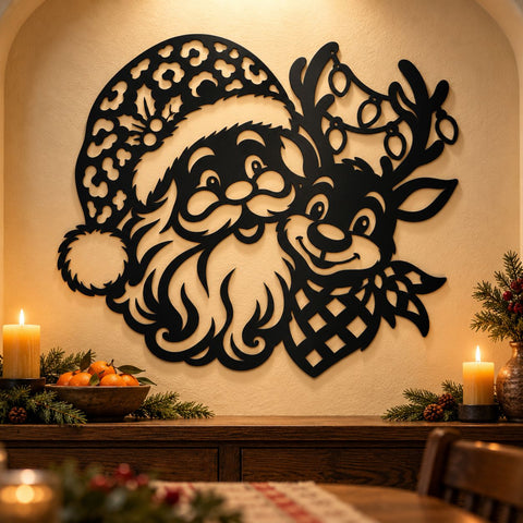 Santa Reindeer Holiday Lights Laser SVG | Christmas Metal Wall Art DXF | Cute Santa Claus Sign | Holiday Plasma CNC Cutting File SVG HappyDesignStudio 