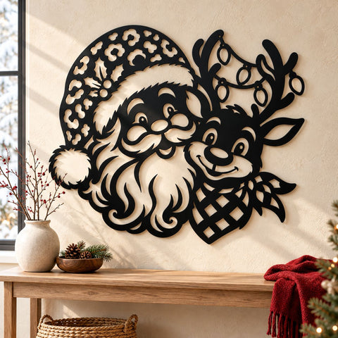 Santa Reindeer Holiday Lights Laser SVG | Christmas Metal Wall Art DXF | Cute Santa Claus Sign | Holiday Plasma CNC Cutting File SVG HappyDesignStudio 