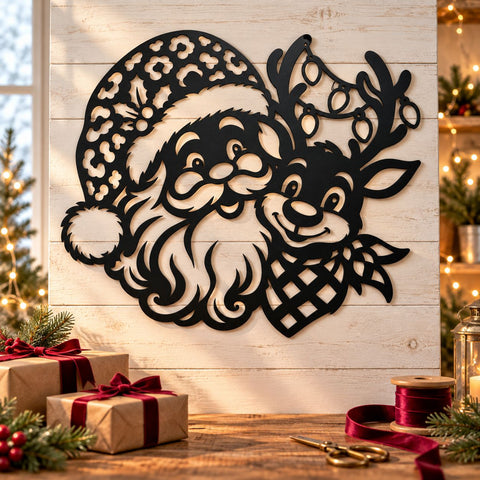 Santa Reindeer Holiday Lights Laser SVG | Christmas Metal Wall Art DXF | Cute Santa Claus Sign | Holiday Plasma CNC Cutting File SVG HappyDesignStudio 