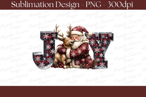 Santa & Reindeer Joy Sublimation PNG, Rustic Buffalo Plaid Christmas Design Sublimation Keepsake Treasures Designs LLC. 