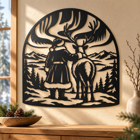 Santa Reindeer Northern Lights Laser SVG | Christmas Mountain Scene DXF | Woodland Metal Wall Art | Holiday Plasma Cutting File SVG HappyDesignStudio 