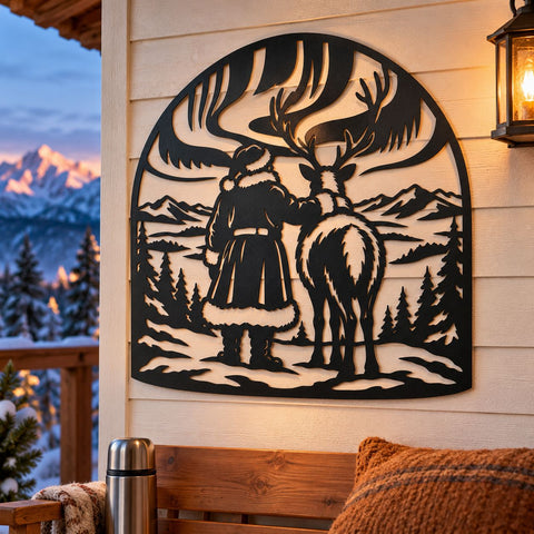 Santa Reindeer Northern Lights Laser SVG | Christmas Mountain Scene DXF | Woodland Metal Wall Art | Holiday Plasma Cutting File SVG HappyDesignStudio 