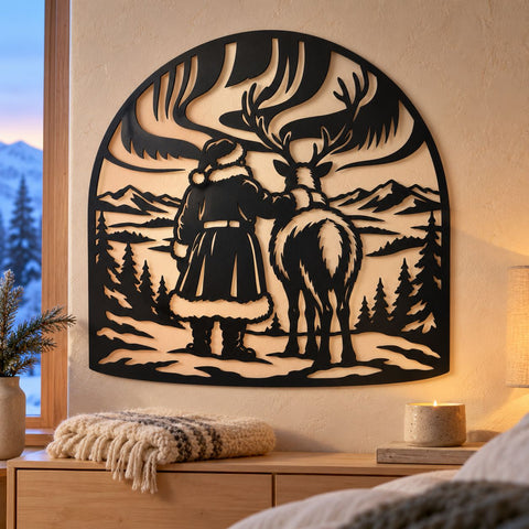 Santa Reindeer Northern Lights Laser SVG | Christmas Mountain Scene DXF | Woodland Metal Wall Art | Holiday Plasma Cutting File SVG HappyDesignStudio 