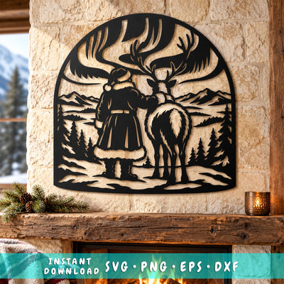 Santa Reindeer Northern Lights Laser SVG | Christmas Mountain Scene DXF | Woodland Metal Wall Art | Holiday Plasma Cutting File SVG HappyDesignStudio 