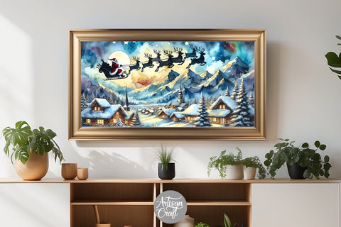 Santa reindeers flying Frame TV art Digital Pattern Artisan Craft SVG 