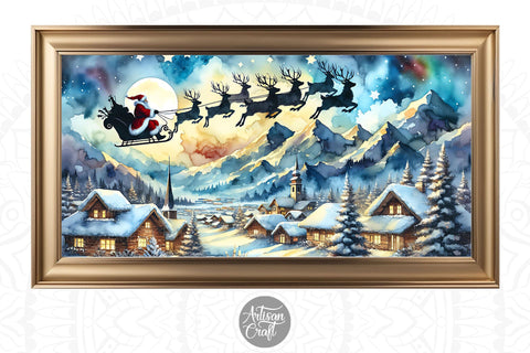 Santa reindeers flying Frame TV art Digital Pattern Artisan Craft SVG 