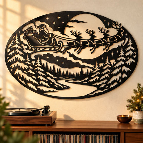 Santa Sleigh Laser SVG | Christmas Reindeer DXF | Moonlit Winter Forest Metal Wall Art | Holiday Plasma Cutting File SVG HappyDesignStudio 
