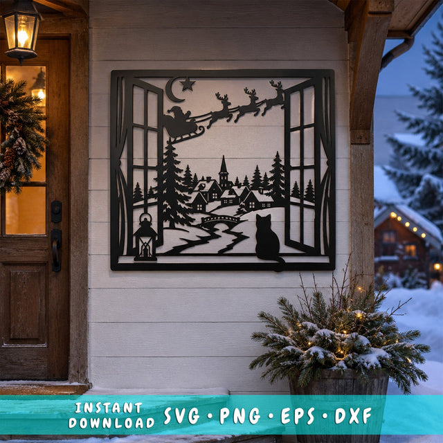 Santa Sleigh Laser SVG | Christmas Village DXF | Winter Window Scene | Reindeer CNC File | Cat Christmas Metal Wall Art SVG HappyDesignStudio 